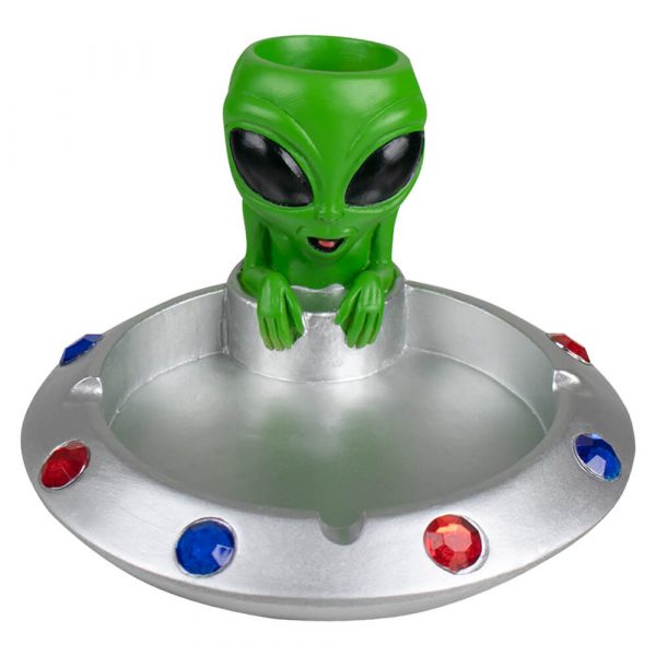 CENICERO REDONDO COLOR GRIS DISEÑO OVNI CON ALIEN